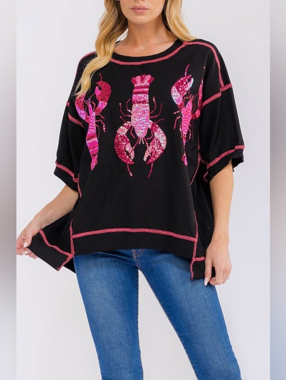 4-0605 Dopamine Sequin Lobster Pullover Top, Black With Pink Sequin Lobsters